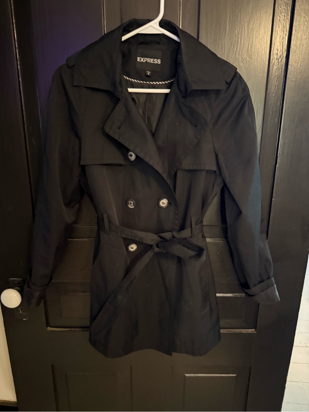 Express Black Double-Breasted Trench Coat with Waist Tie